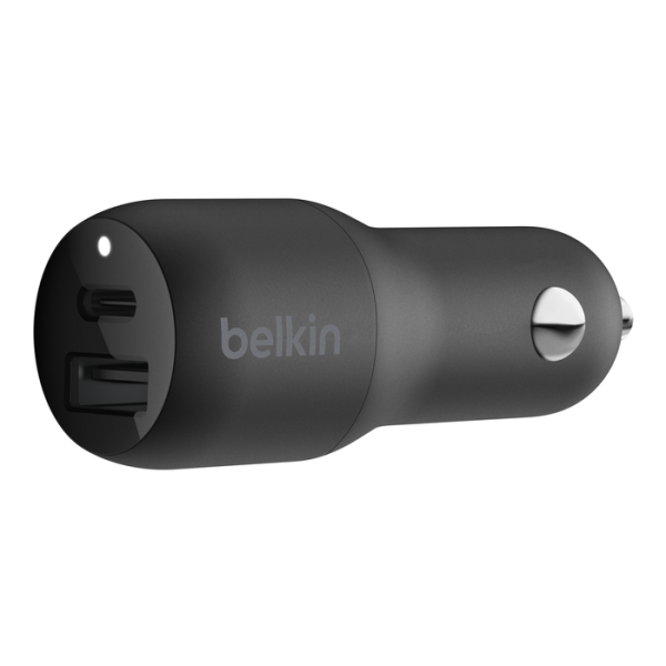 شاحن سيارة PD مزدوج مستقل بقدرة 32 واط (20 واط USB-C و12 واط USB-A) أسود من بلكين